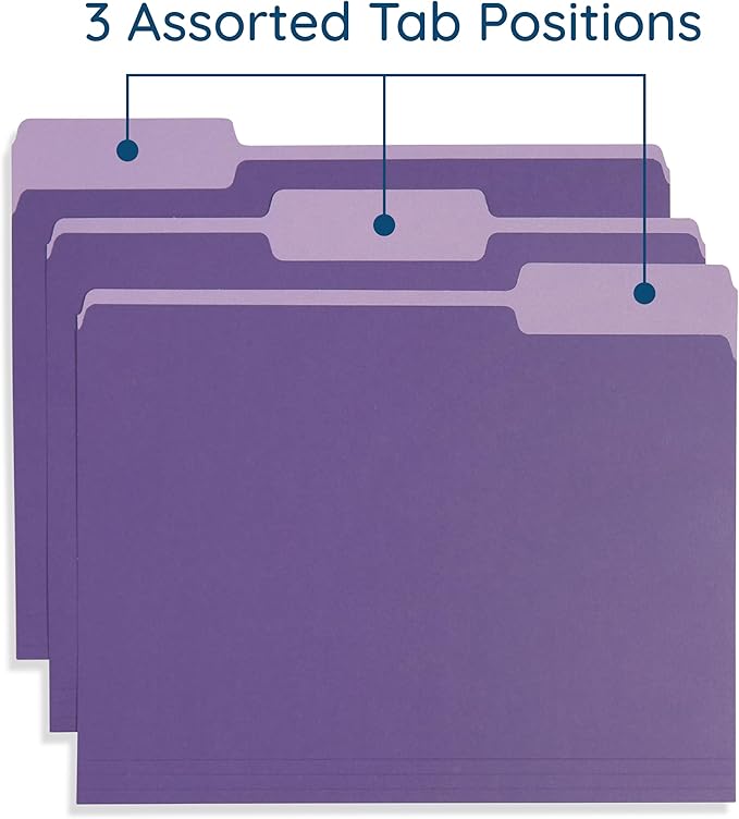 100 Blue Summit Supplies Purple File Folders Letter Size 1/3 Cut, Two-Tone Purple Folders, Durable 11pt Paper, Assorted Tabs, Holds Letter Size Documents