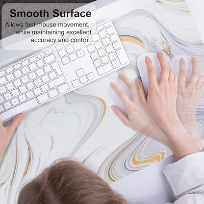 QIYI White Mouse Pad, Cute Marble Large Desk Mat, PU Leather Desk Protector Mousepad, Gold Grey Striped Waterproof Computer Keyboard Gaming Mouse Pads, Non Slip Extended Writing Pad 31.5" x 15.7"