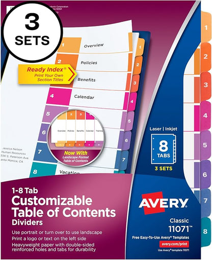 Avery 8 Tab Dividers for 3 Ring Binders, Customizable Table of Contents, Multicolor Tabs, 3 Sets (11071)