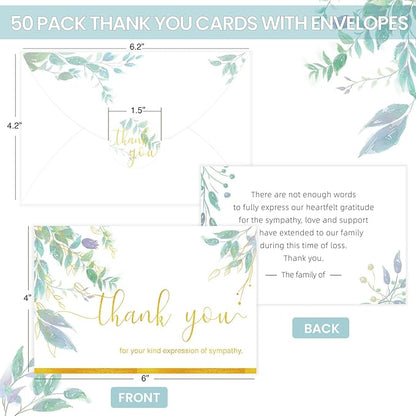 50 Pack Funeral Thank You Cards with Envelopes & Stickers, Watercolor Thank You Sympathy Cards for Funeral with Meaningful Message, Bereavement Card for Memorial Service, Funeral