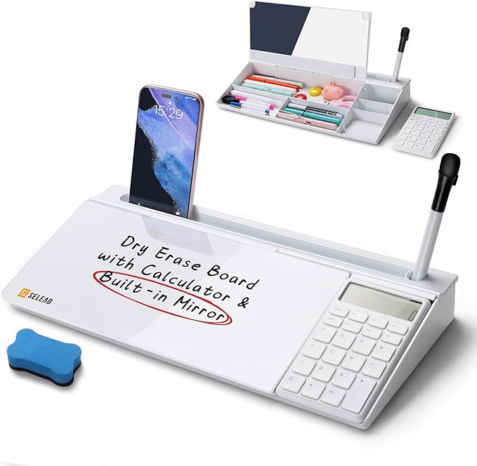 SELEAD Desktop Glass Whiteboard with Calculator & Built-in Mirror, Dry Erase White Board Computer Pad Keyboard Stand with Organizer Drawer, Desk Accessories for Home, School, Office