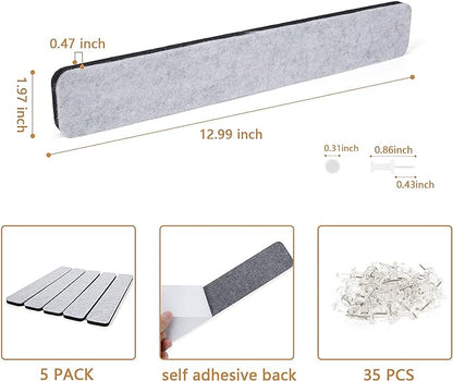 5 Pack Felt Pin Board Bar Strips Bulletin Board for Bedrooms Offices Home Wall Decoration, Notice Board Self Adhesive Cork Board with 35 Push Pins for Paste Notes, Photos, Schedules (Grey)