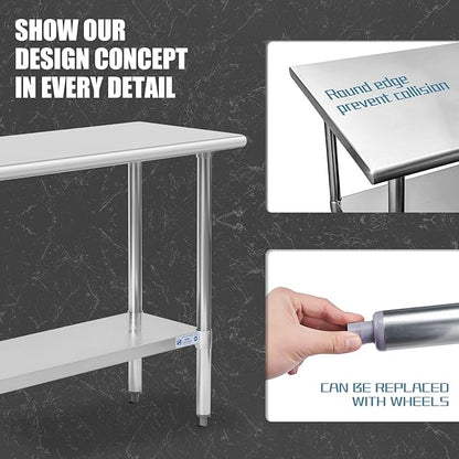 HALLY Stainless Steel Table for Prep & Work 18 x 60 Inches, NSF Commercial Heavy Duty Table with Undershelf and Galvanized Legs for Restaurant, Home and Hotel