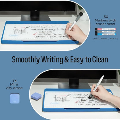 LOUKIN Glass Desktop Whiteboard, 15.3" x 5.6" Desktop Dry Erase Board with Dotted and Graduated Surface, Desktop Buddy, Great for Design and Drawing, 3 Markers and 1 Dry Erase Eraser Included (Blue)