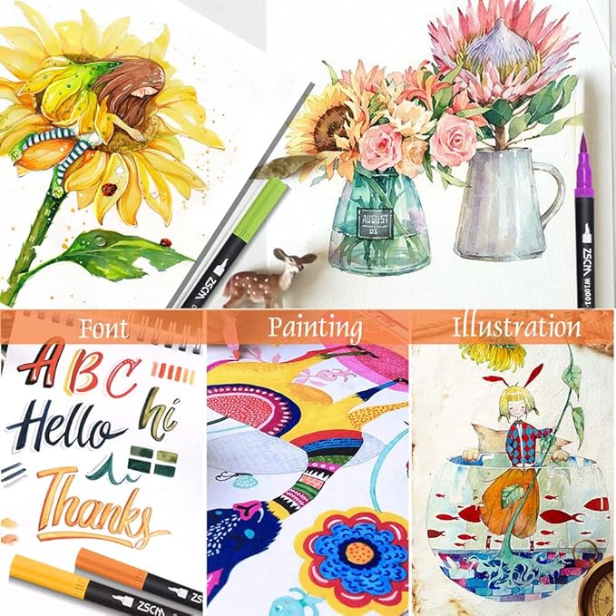 ZSCM 32 Colors Duo Tip Brush Markers Art Pen Set, Artist Fine and Brush Tip Colored Pens, for Adult Coloring Books Christmas Cards Drawing, Note taking Lettering Calligraphy Journaling