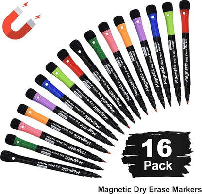 Magnetic Dry Erase Markers, Fine Tip Low Odor Whiteboard Markers for Kids & School, Work On White board & Calendar, Refrigerator (16 Pack)