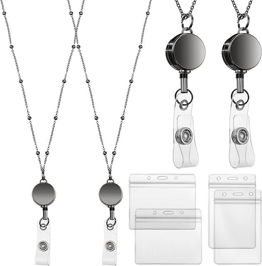 Outus 2 Pieces Badge Lanyard with ID Holders Stainless Steel Badge Holders Necklace Retractable Reel Clip Chain Water Resistant Name(Gray)