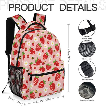 3PCS 17" Strawberry Backpack, Shoulders Backpack with Insulated Lunch Bag Durable Strawberry Laptop Bag Daypack with Multiple Pockets (Strawberry)