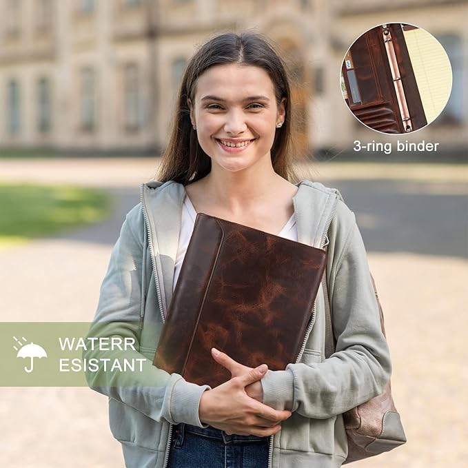 Free Engraved Name, Personalized Leather Binder Portfolio Folder, 3 Ring Binder Padfolio for Men, Handmade Resume Zippered Padfolio for Women, Business A4 Document Organizer, Customized, Oil Wax