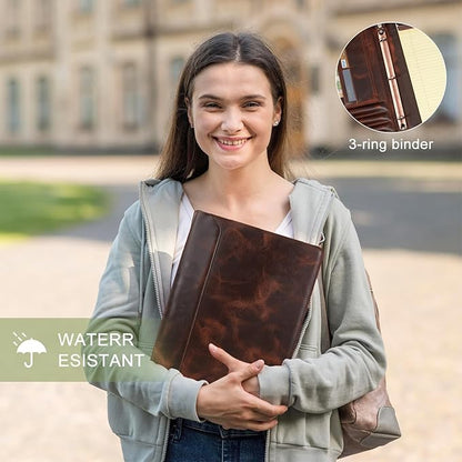 Free Engraved Name, Personalized Leather Binder Portfolio Folder, 3 Ring Binder Padfolio for Men, Handmade Resume Zippered Padfolio for Women, Business A4 Document Organizer, Customized, Oil Wax