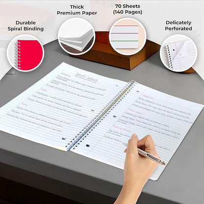 1 Subject Spiral Notebook, 12 Pack, Wide Ruled, Water Resistant Cover, Thick 140 Pages/Book (70 Sheets), 8 x 10-1/2, 3 Hole, Assorted Colors, Bulk School & Office