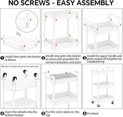 3-Tier Utility Rolling Cart with Cover Top Board, Mobile Utility Cart with Lockable Casters Multi-Functional Storage Trolley for Office, Bathroom, Kitchen, Garden, Laundry Room (White)