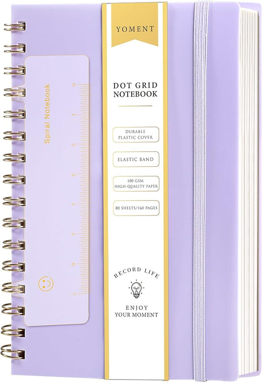 Dot Grid Spiral Notebook A5 Spiral Bullet Dotted Journal 160 Pages Thick Dot Paper Notebooks Plastic Hardcover Spiral Notebook 5x7 Wire Bound Notebooks for Note Taking School Office Supplies,Purple