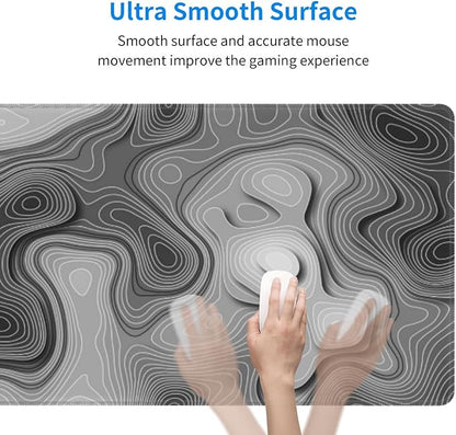 3D Topographic Map Mouse Pad Grey White Gaming Mouse Pad XL Mouse Pad Large Desk Pad Non-Slip Rubber Base Keyboard Mouse Mat with Stitched Edges for Home Office Work