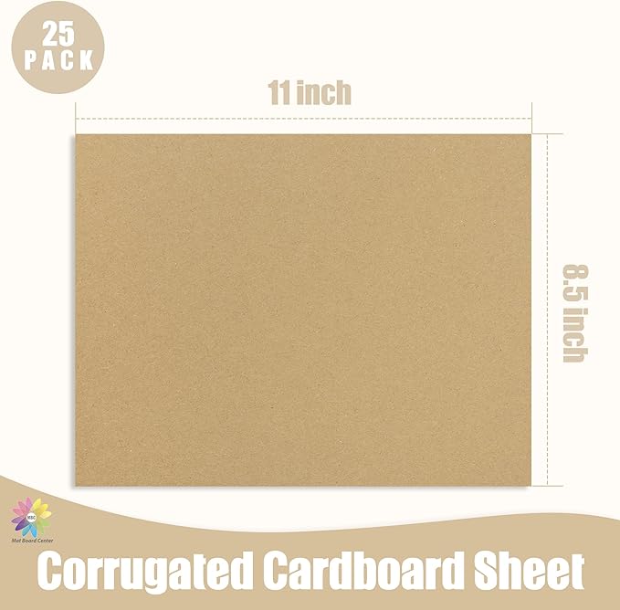 Mat Board Center, 25 pack 8.5x11 Brown Cardboard sheet, 1/8 inch thick, Flat Corrugated Cardboard Inserts for Packing, Shipping, Mailing, Cardboard Backing, Art Craft Card Board