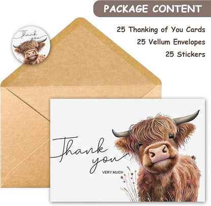 25Pcs Highland Cow Thank You Cards with Envelopes, 4x6 In Farm Cute Watercolor Design Highland Cow Greeting Cards Sympathy Cards Bulk for Wedding, Baby & Bridal Shower - with Sticker