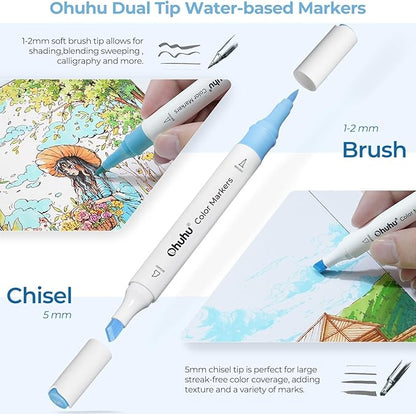 Ohuhu Markers for Adult Coloring Books No bleeding 64 Colors Water-based Coloring Markers Dual Tips Chisel & Brush Drawing Pens Art Markers for Kids Adults Beginners Lettering Journaling