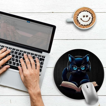 Gctriki Black Cat Round Mouse Pad for Desk Gaming Office Laptop, Funny Small Computer Mousepad with Stitched Edge Non-Slip Rubber Base, Cute Cat Office Decor Desk Accessories Supplies