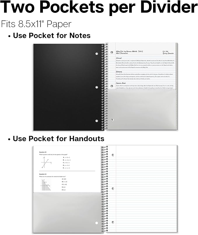 Dunwell College Ruled 1 Subject Notebook, 80 Sheets, Spiral Notebook with 8.5 x 11 Paper, Protective Plastic Cover, Divider with Pockets, Perforated Pages, 3-Hole Punched