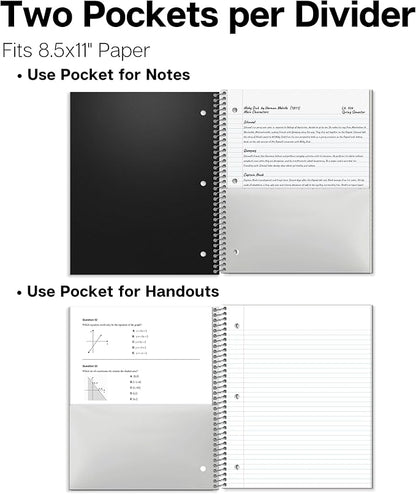 Dunwell College Ruled 1 Subject Notebook, 80 Sheets, Spiral Notebook with 8.5 x 11 Paper, Protective Plastic Cover, Divider with Pockets, Perforated Pages, 3-Hole Punched