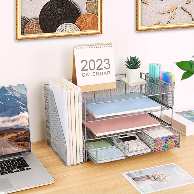 Desk Organizers and Accessories, Desk Accessories & Workspace Organizers for Office Supplies, File Organizer Desk Drawer Organizer with 2 Pen Holders, 4 Tier Paper Organizer for Desk(Grey)