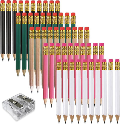 Adhere 25pcs Golf Pencils with eraser Hexagon Wooden Pencils Graphite 2B for Golf Event Scoring,Classroom,Wedding,Company Meetings,Pew, Pocket (Black・White・Green・Pink・Nature・50pcs)