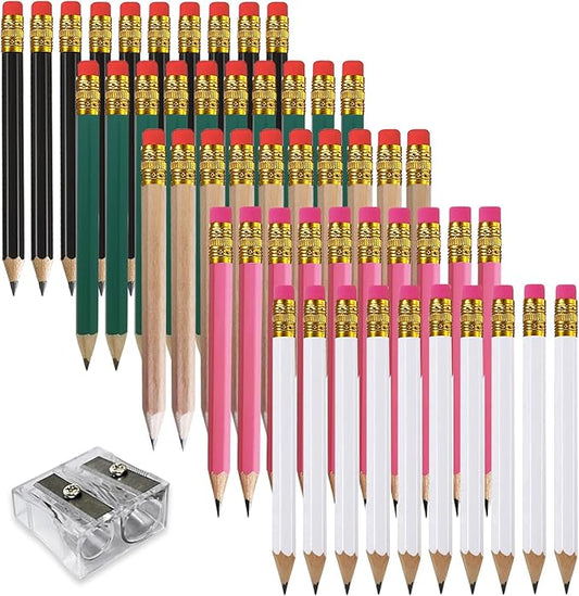 Adhere 25pcs Golf Pencils with eraser Hexagon Wooden Pencils Graphite 2B for Golf Event Scoring,Classroom,Wedding,Company Meetings,Pew, Pocket (Black・White・Green・Pink・Nature・50pcs)