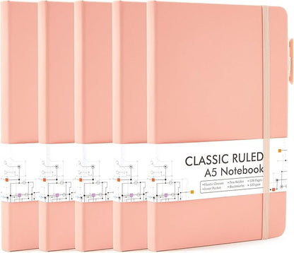 feela 5 Pack Notebooks Journals Bulk, Hardcover Classic Ruled Lined Journals with Pen Holder for Women Girls School Business Supplies, with 5 Black Pens, 120 GSM, 5.1”x8.3”, A5, Light Coral
