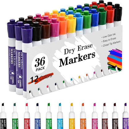 Dry Erase Markers, Chisel Tip Whiteboard Markers, Low Odor Dry Erase Marker, 36 Bulk 12 Assorted Color Markers for Kids/Teachers
