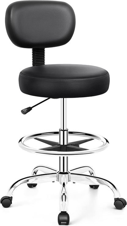 Drafting Chair with Backrest – Adjustable Foot Rest Rolling Stool with Wheels, PU Leather Swivel Stool for Office Spa Studio Lab Counter Salon Home Work Bar Kitchen Shop(Silver)