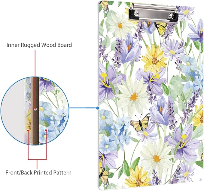 WAVEYU Cute Hardboard Office Clipboard, Clipboard with Low Profile Clip Designed for Students Classroom School and Office Use(12.5"x9"), Yellow Flower