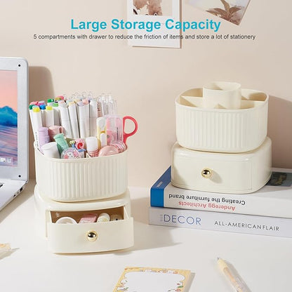 360 Degree Rotatable Pen Holder with Drawer, 5 Slots Office Desk Organizer Pen Holder for Desk Multi-Functional Pencil Box Desktop Stationary Organizer for Office School Home Beige