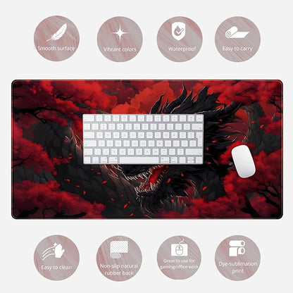 Huge Dragon Large Mouse Pad Red and Black Mousepad Red Desk Mat, Big Full Keyboard and Mouse Pad Cool Desk Pad for Keyboard Mouse with Stitched Edges Anti-Slip Funny Desk Pad, 31.5 X 15.8 in.