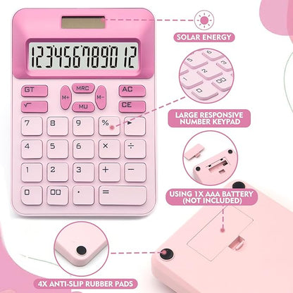 Pink Calculator, Standard Calculator,Basic Office Calculator with 12 Digit LCD Display,Pink Office Supplies,Cute Calculator for Office, Home, School,Shop