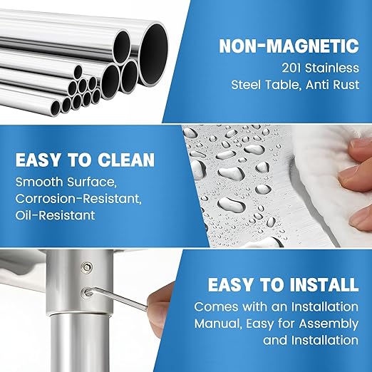 Stainless Steel Table for Prep & Work with 4 Caster Wheels with Undershelf 30 x 36 NSF Metal Commercial Kitchen Adjustable Under Shelf Worktable for Restaurant Home Outdoor