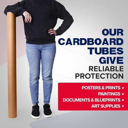 4" x 48" Reinforced Kraft Paper Mailing Tube, Pack of 6 Tube with 2 Caps Each – USPS Approved Poster Tube – Made in USA Cardboard Tube for Shipping and Storing Posters, Prints, Artwork, or Documents