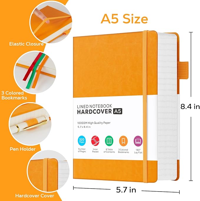 Hardcover Leather Notebooks College Ruled, 320 Pages Notebook Journals for Writing Note Taking Women & Men, A5 (5.7'' X 8.4'') Daily Notebook Journal, Orange