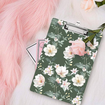 WAVEYU Cute Hardboard Office Clipboard, Clipboard with Low Profile Clip Designed for Students Classroom School and Office Use, Green Flower(12.5"x9")