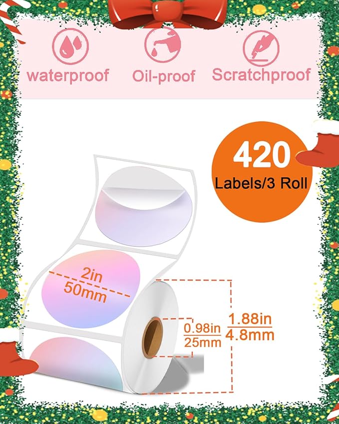 2 inch Round Thermal Labels, Labels for Printer M110 M108 M220 M260 M120 M221 Print Master Label Refill, Circle Thermal Printer Labels for Marklife P50 Clabel 221B, T50, 430/3Roll, Dream Purple