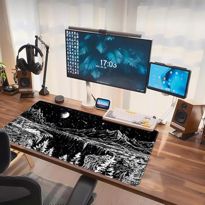 Black and White Desk Mat Dark Nature Forest Mouse pad XXL Starry Night Mountain Desk pad Aesthetic Moon and Stars Mousepad XXL for Laptop Computer Mouse Gaming Keyboard Mat, 31.5 X 15.8 in