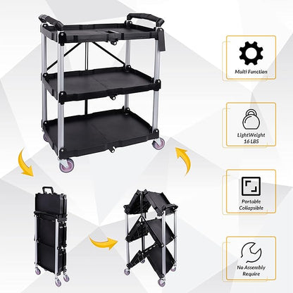 ELEVON Portable Folding Collapsible Service Cart Foldable Service Cart 3 Tier Collapsible Push Cart Folding Utility Carts with Wheels for Office Warehouse Home, Black