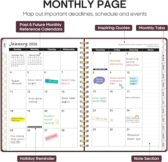 2026 Planner, Weekly and Monthly Calendar Planner, January 2026 - December 2026, Hardcover 2026 Calendar Planner Book with Tabs For Women & Men, Inner Pocket, Spiral Bound, Perfect for Office Home School Supplies - A5 (6.3" x 8.5"), Burgundy