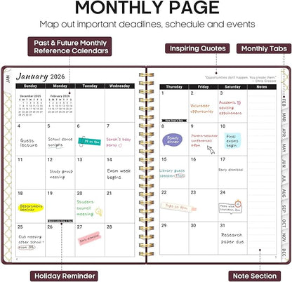 2026 Planner, Weekly and Monthly Calendar Planner, January 2026 - December 2026, Hardcover 2026 Calendar Planner Book with Tabs For Women & Men, Inner Pocket, Spiral Bound, Perfect for Office Home School Supplies - A5 (6.3" x 8.5"), Burgundy