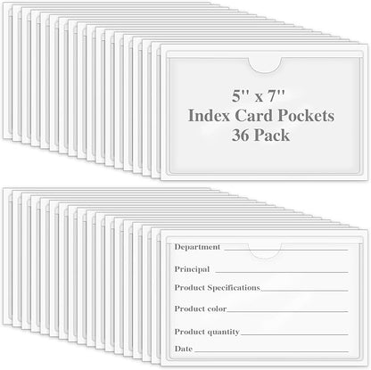 36 Pack Adhesive 5" x 7" Index Card Pockets with Top Open for Loading, Clear Plastic Labels Holders for Storage Bins Organizing Library Card Totes Shelves