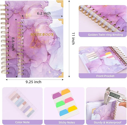 A4 Spiral Notebooks for Work, 300 Pages Lined Spiral Journal Notebook, 5 Subject College Ruled Journals for Writing, 11”x9.25''Journaling Notebooks for School Office Supplies (Purple Marble)