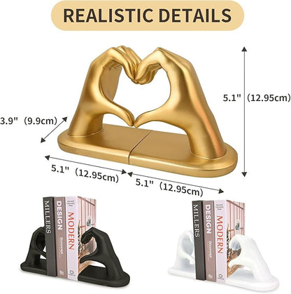 Gold Decorative Bookends for Shelves, Heart Hands Book Ends Sculpture Aesthetic Decor for Bedroom Living Room Merch Apartment Bookshelf Birthday Women Decorations Stuff Aesthetic