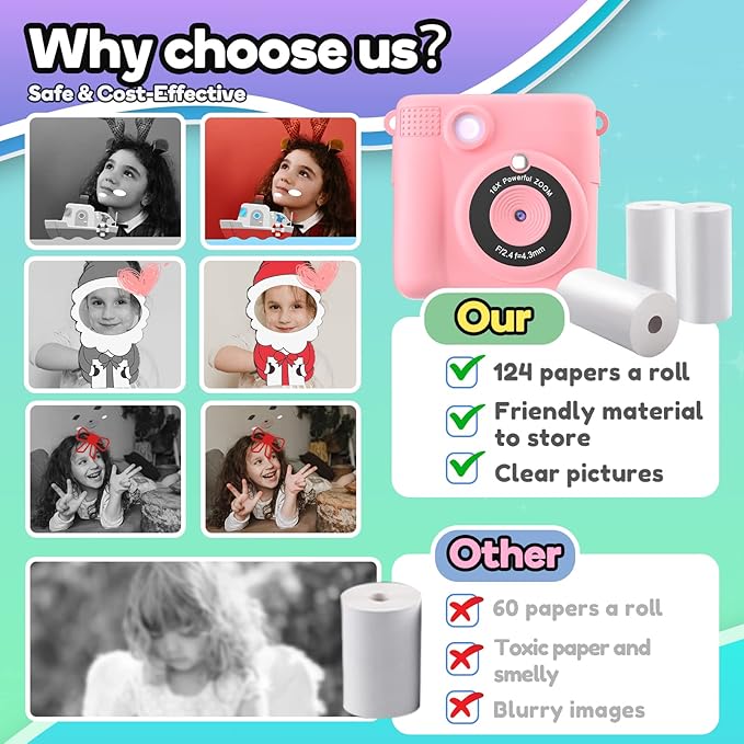 Printer Paper,12 Rolls for Kids Instant Print Camera,HD Printing Thermal Print Paper (12 Rolls)