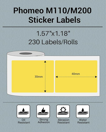 Phomemo Sticker Label M110/M221/M220/M120/M200/M150 Thermal Label- Black on Yellow 1.57"x1.18"(40x30mm) for Small Business, Home, Office, 230 Labels/Roll
