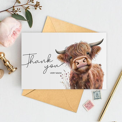 50 Pack Highland Cow Thank You Cards with Envelopes, 4x6 In Farm Design Greeting Cards Sympathy Cards Bulk for Wedding, Baby & Bridal Shower- with Stickers
