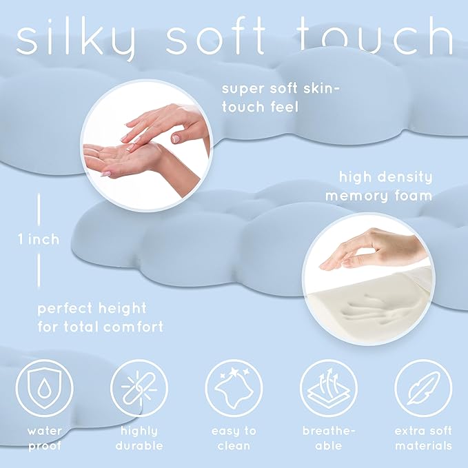 Qloud Cloud Wrist Rest Keyboard Wrist Rest for Computer Keyboard Pad, Cloud Keyboard Wrist Rest, Wrist Pad for Keyboard, Memory Foam, Non Slip Base, Comes with Mouse Pad - Light Blue